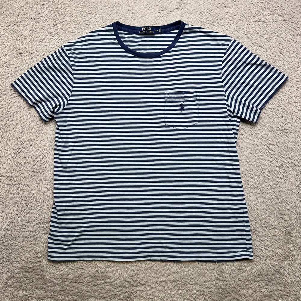 Polo Ralph Lauren Shirt Mens L Striped Blue Pocket Tee Short Sleeve